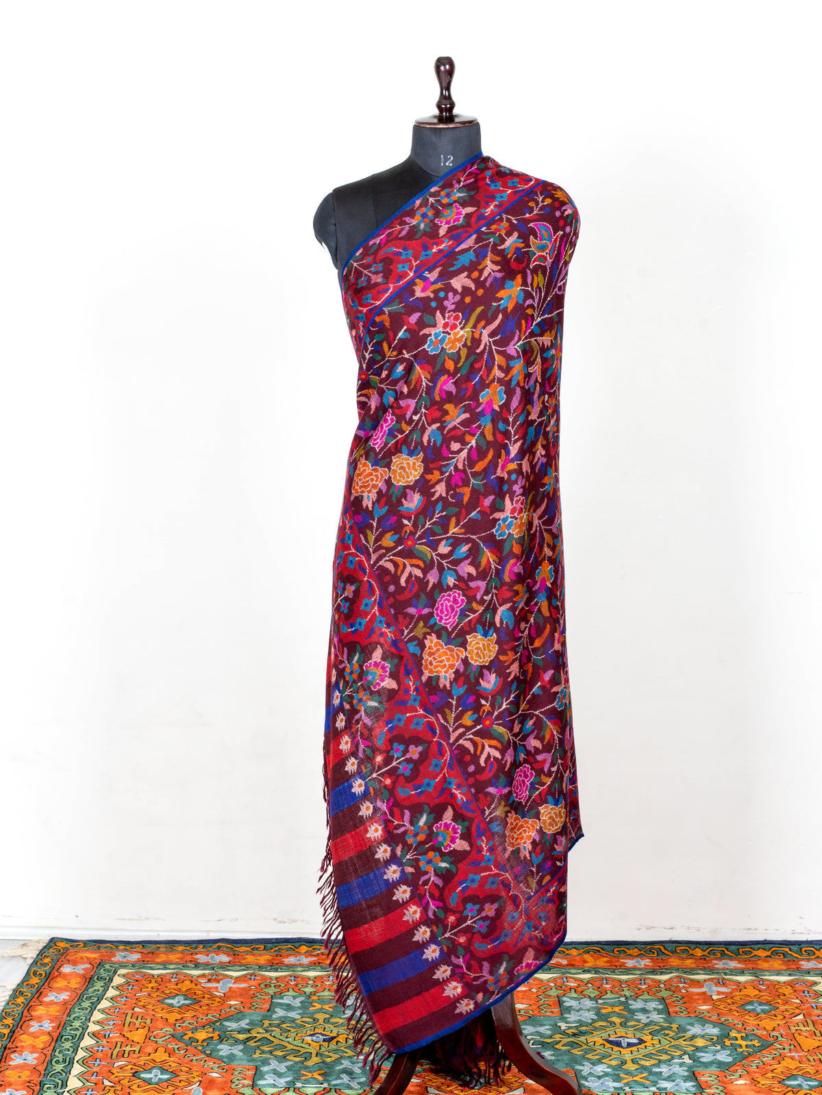 2.5 Yards Burgundy Tapestry Hand Woven Kani Pure Pashmina Shawl