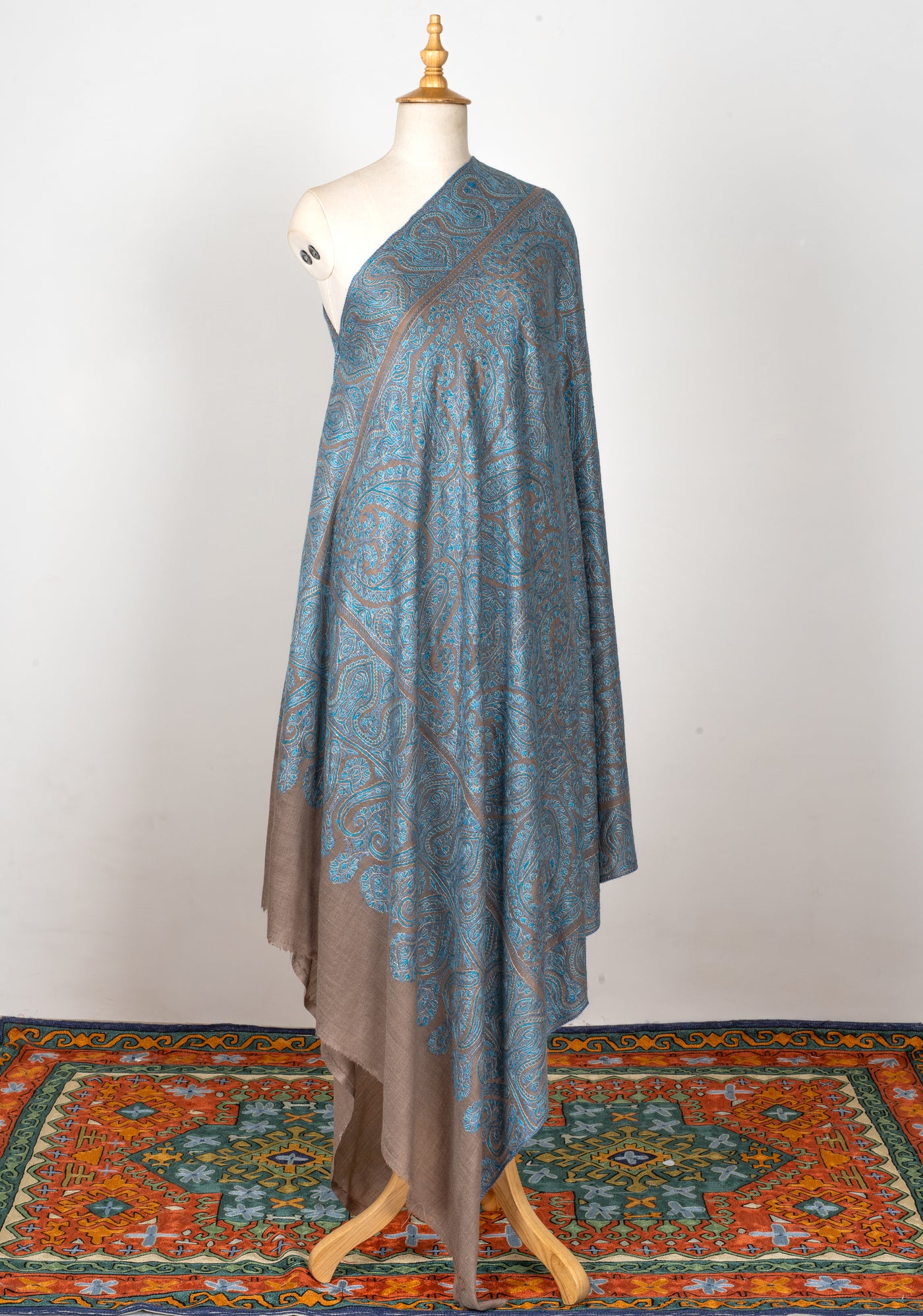 2.5 Yards | Neelab-e-Zamindar — Sozni Jamawar Shawl in Beige with Azure Embroidery