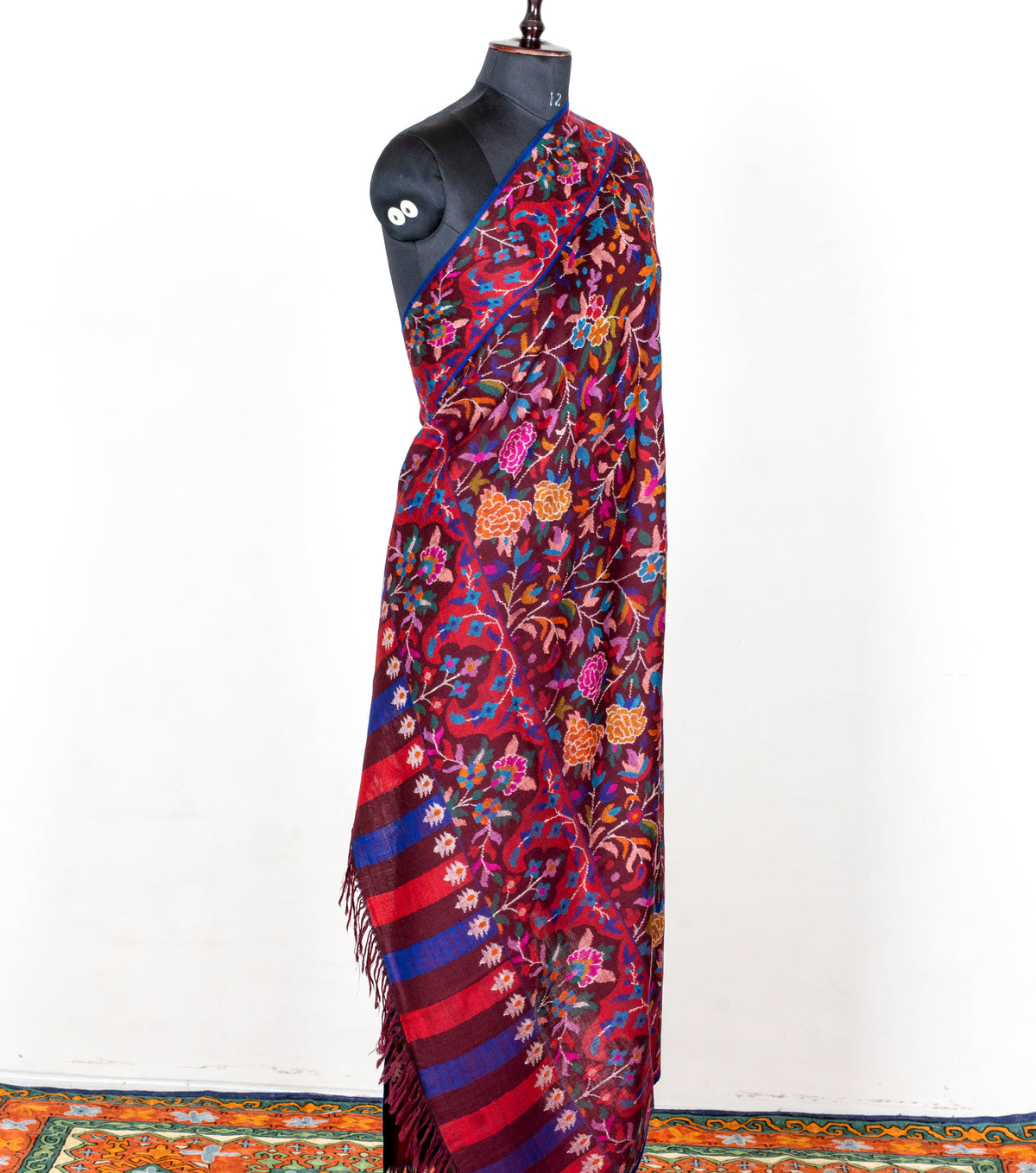 2.5 Yards Burgundy Tapestry Hand Woven Kani Pure Pashmina Shawl