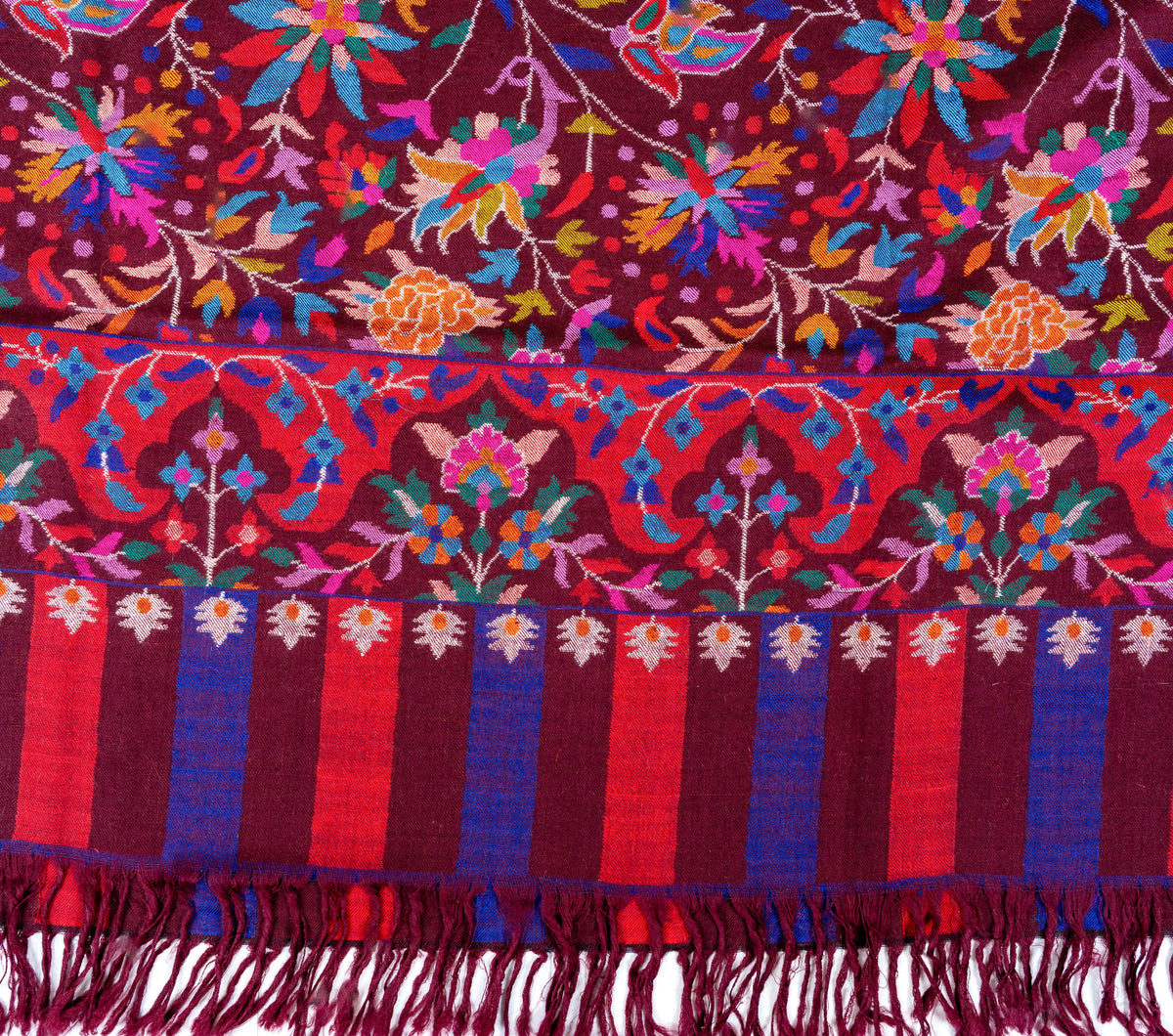 2.5 Yards Burgundy Tapestry Hand Woven Kani Pure Pashmina Shawl