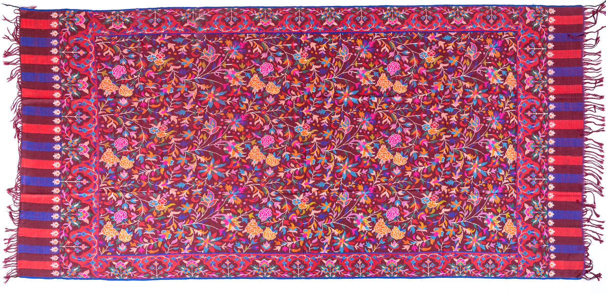 2.5 Yards Burgundy Tapestry Hand Woven Kani Pure Pashmina Shawl