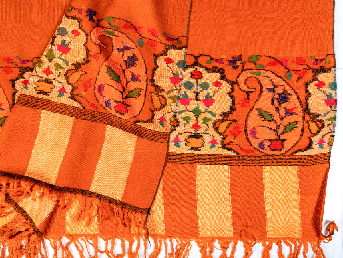 Sunset Flame Pure Pashmina Hand Woven Kani Shawl