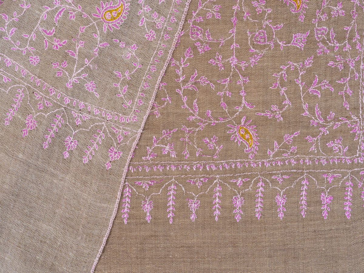 Blush Vine Pure Pashmina Hand Embroidered Sozni Shawl