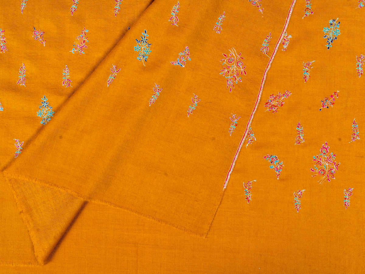 Saffron Sprigs Pure Pashmina Sozni Hand Embroidered Shawl