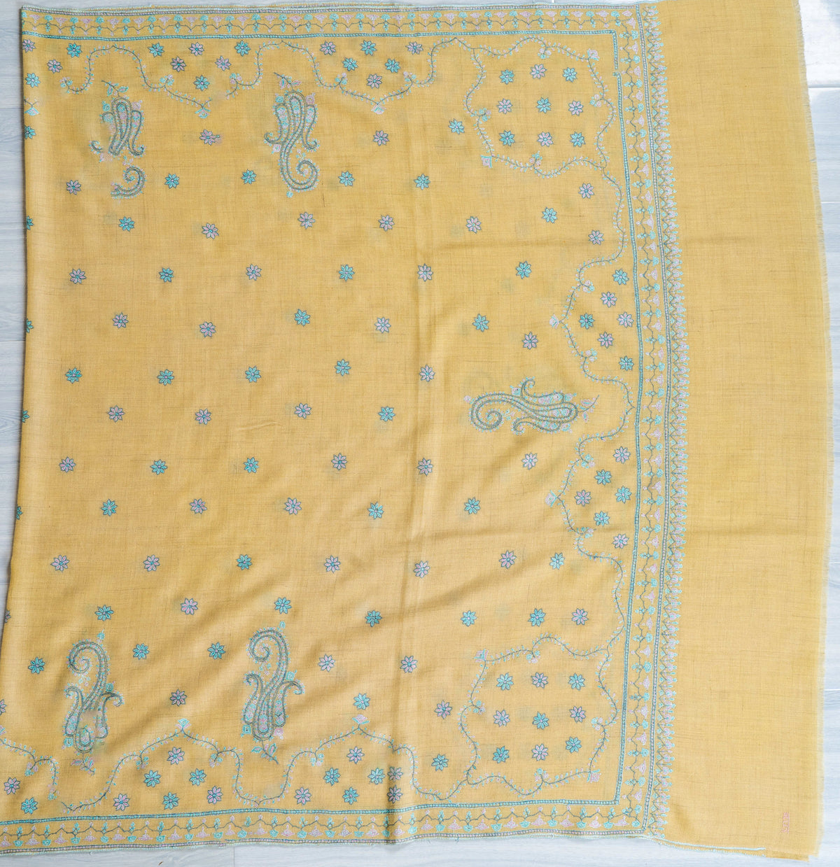 Turquoise Paisley Pure Pashmina Hand Embroidered Sozni Shawl