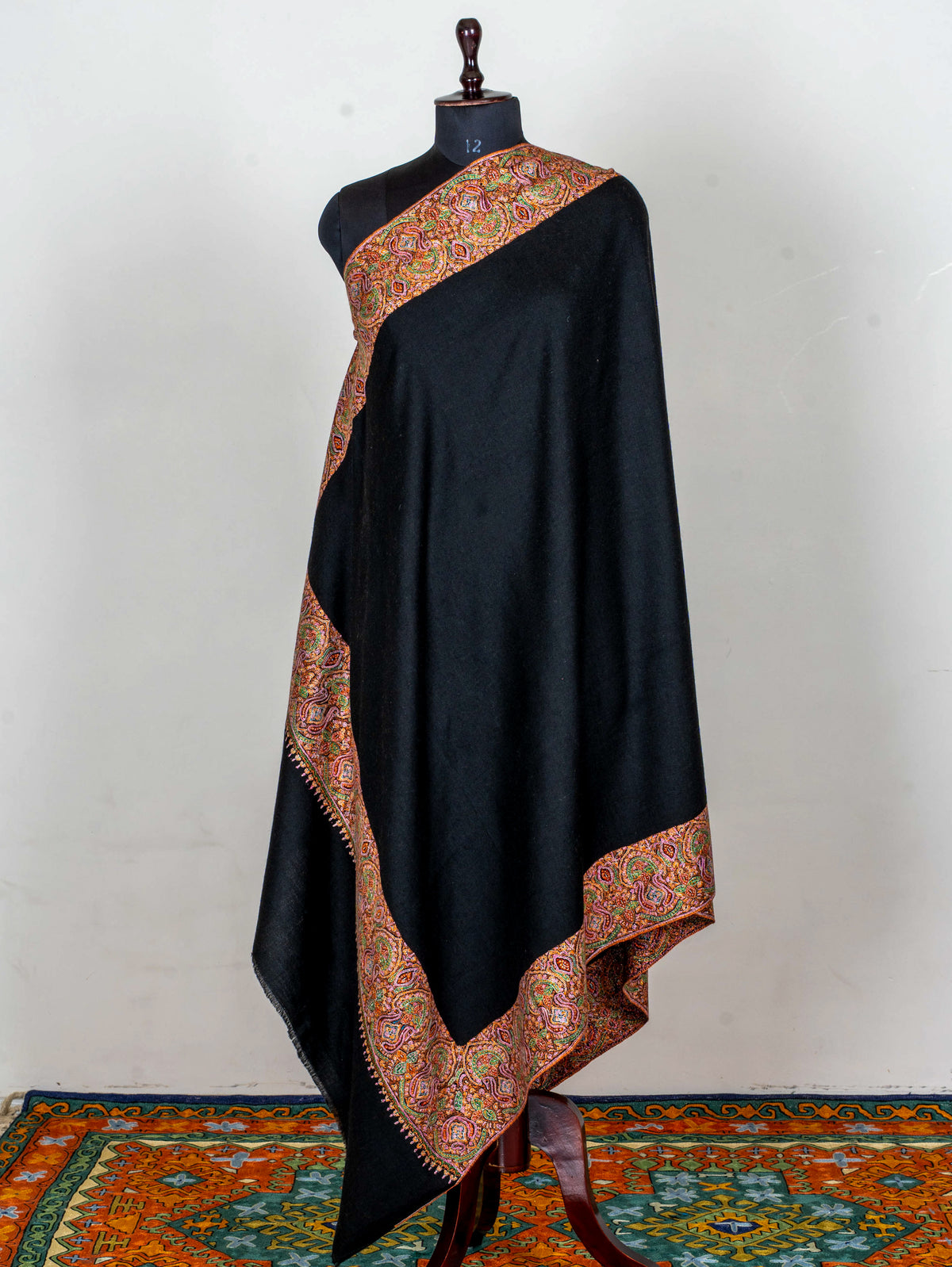 Midnight Border Pure Pashmina Sozni Hand Embroidered Shawl