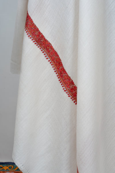 2.5 Yards | Safed-e-Gulnaar — Ivory Shawl with Crimson Sozni Border