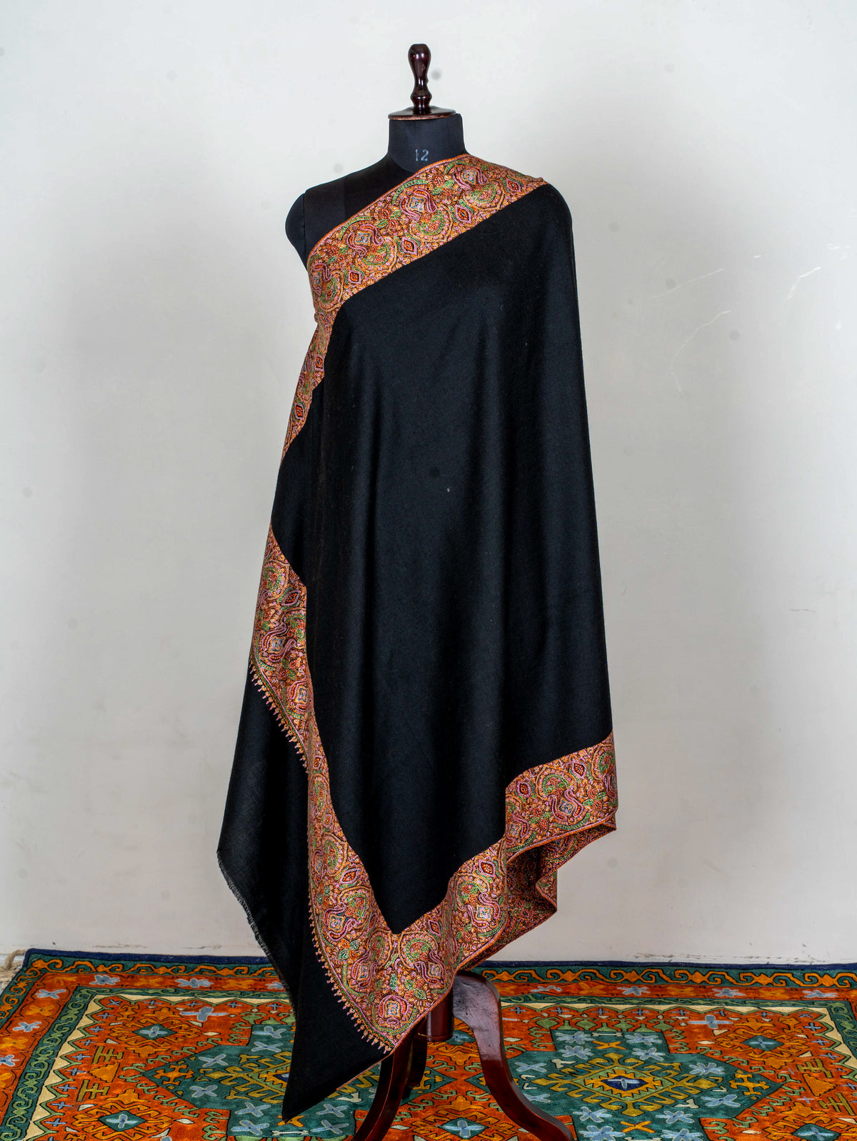 Midnight Border Pure Pashmina Sozni Hand Embroidered Shawl