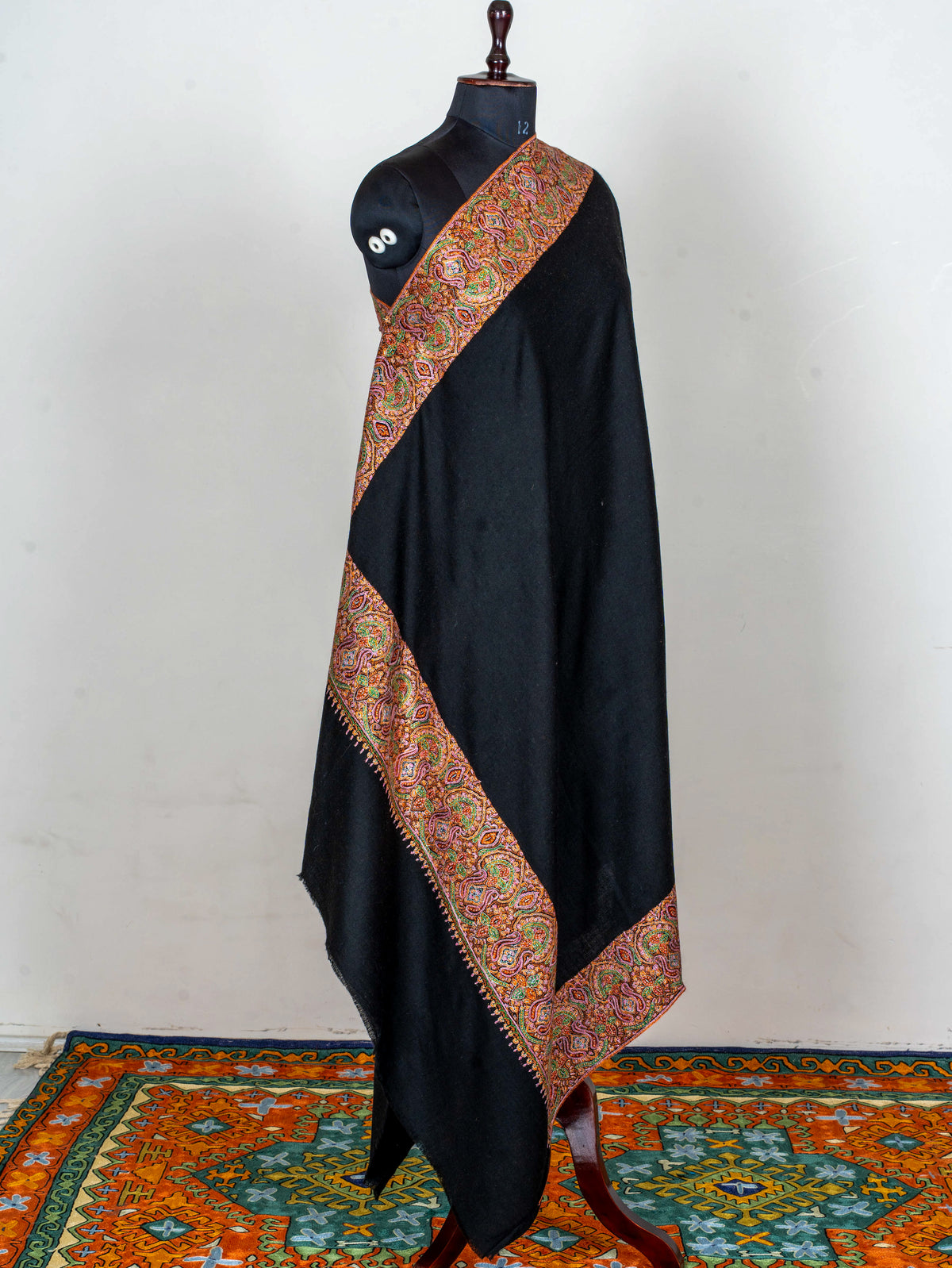 Midnight Border Pure Pashmina Sozni Hand Embroidered Shawl