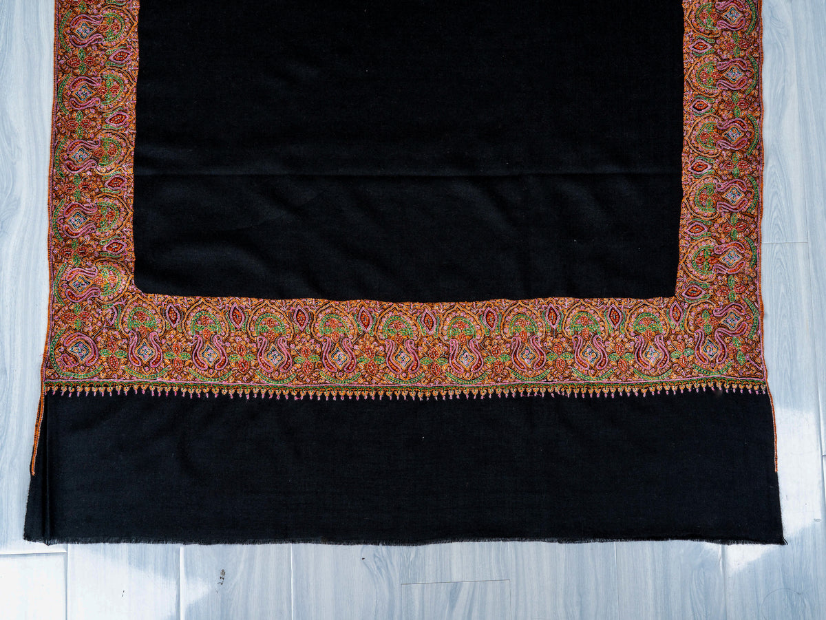 Midnight Border Pure Pashmina Sozni Hand Embroidered Shawl