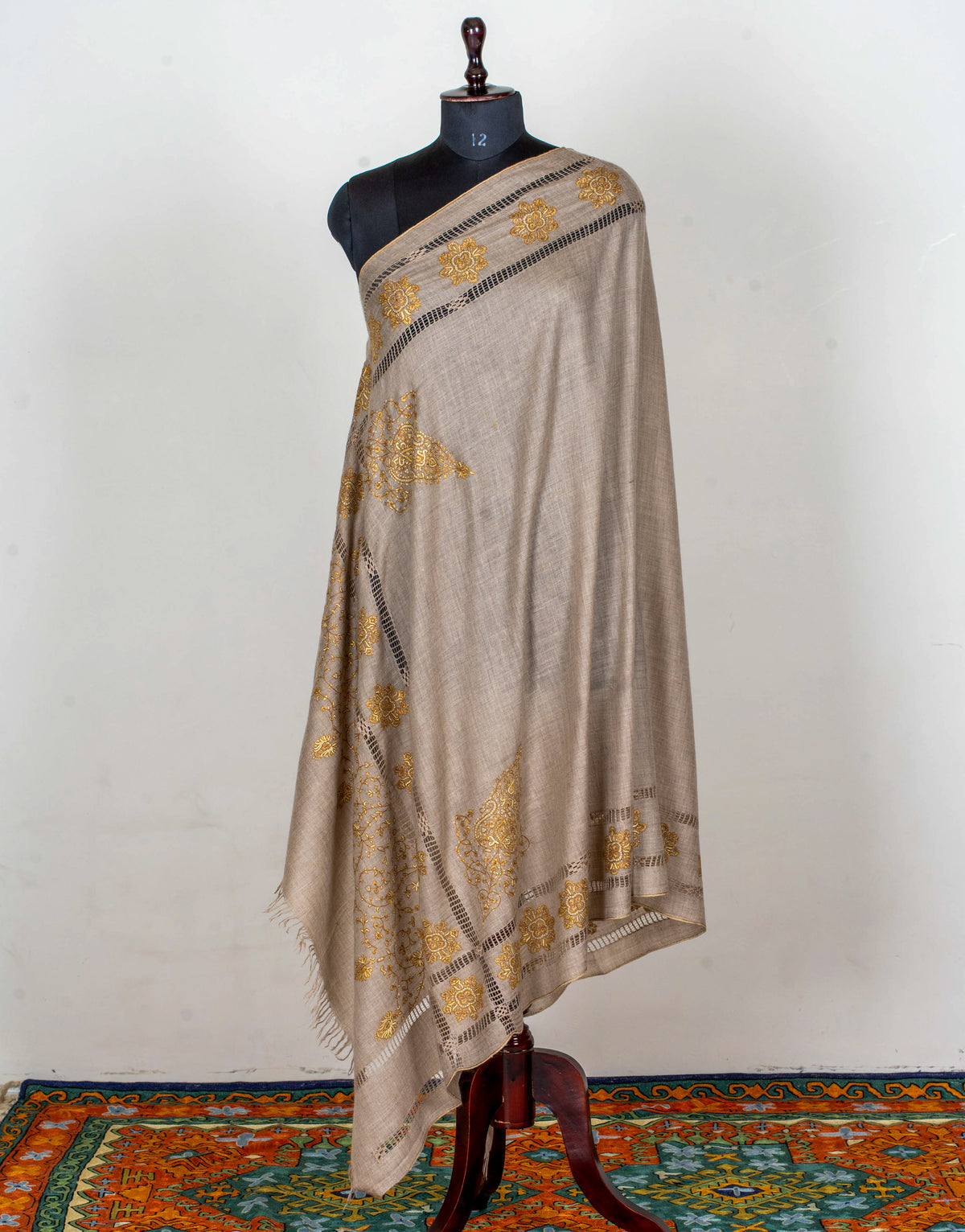 Golden Floral Frame Pure Pashmina Hand Embroidered Sozni Shawl