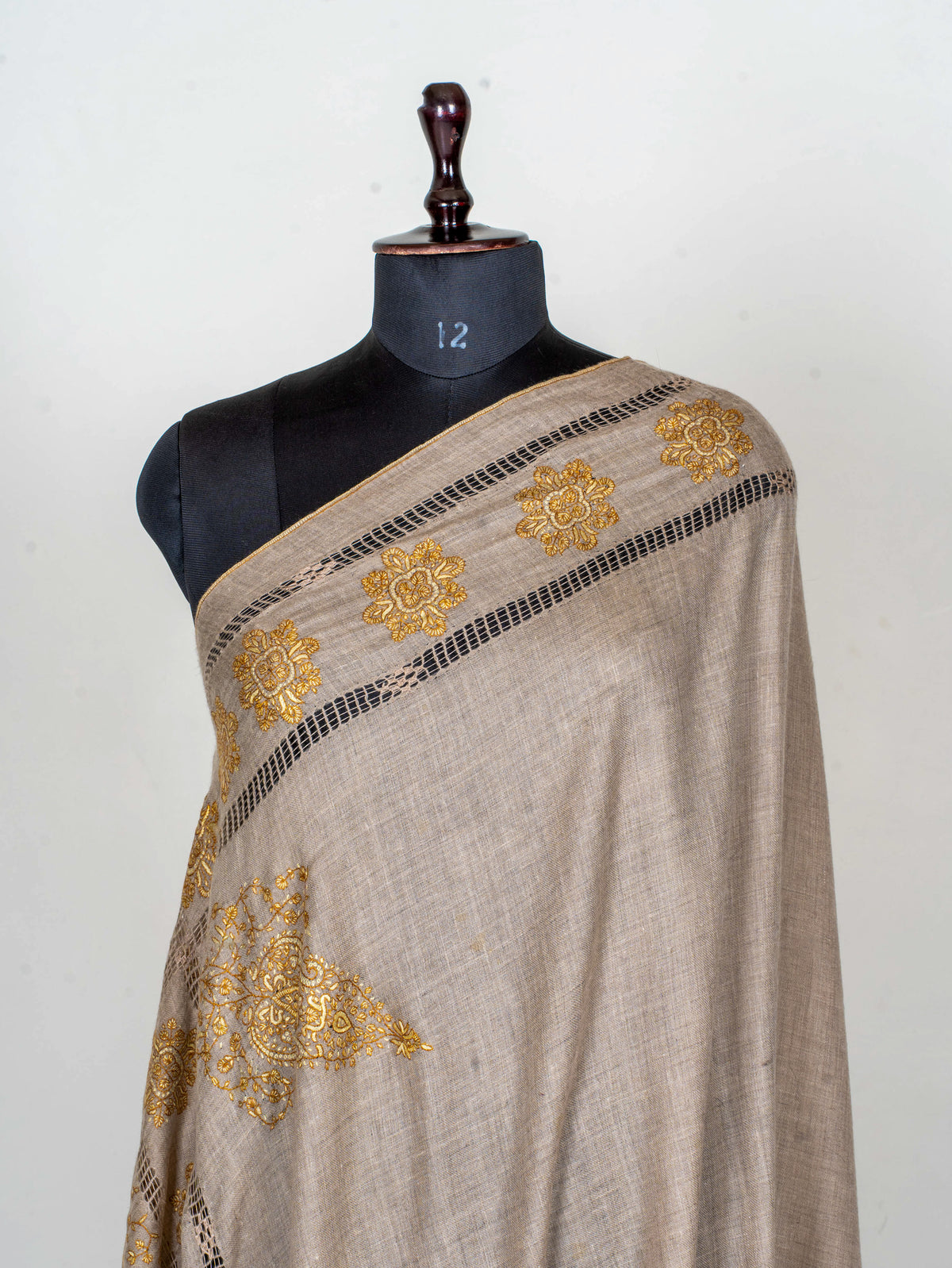 Golden Floral Frame Pure Pashmina Hand Embroidered Sozni Shawl