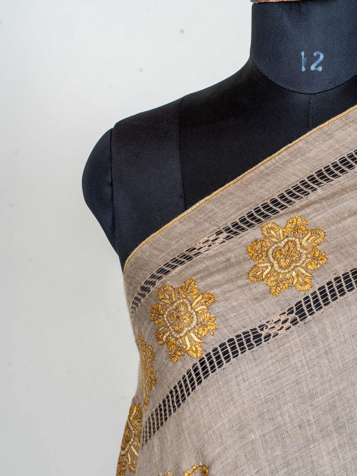 Golden Floral Frame Pure Pashmina Hand Embroidered Sozni Shawl