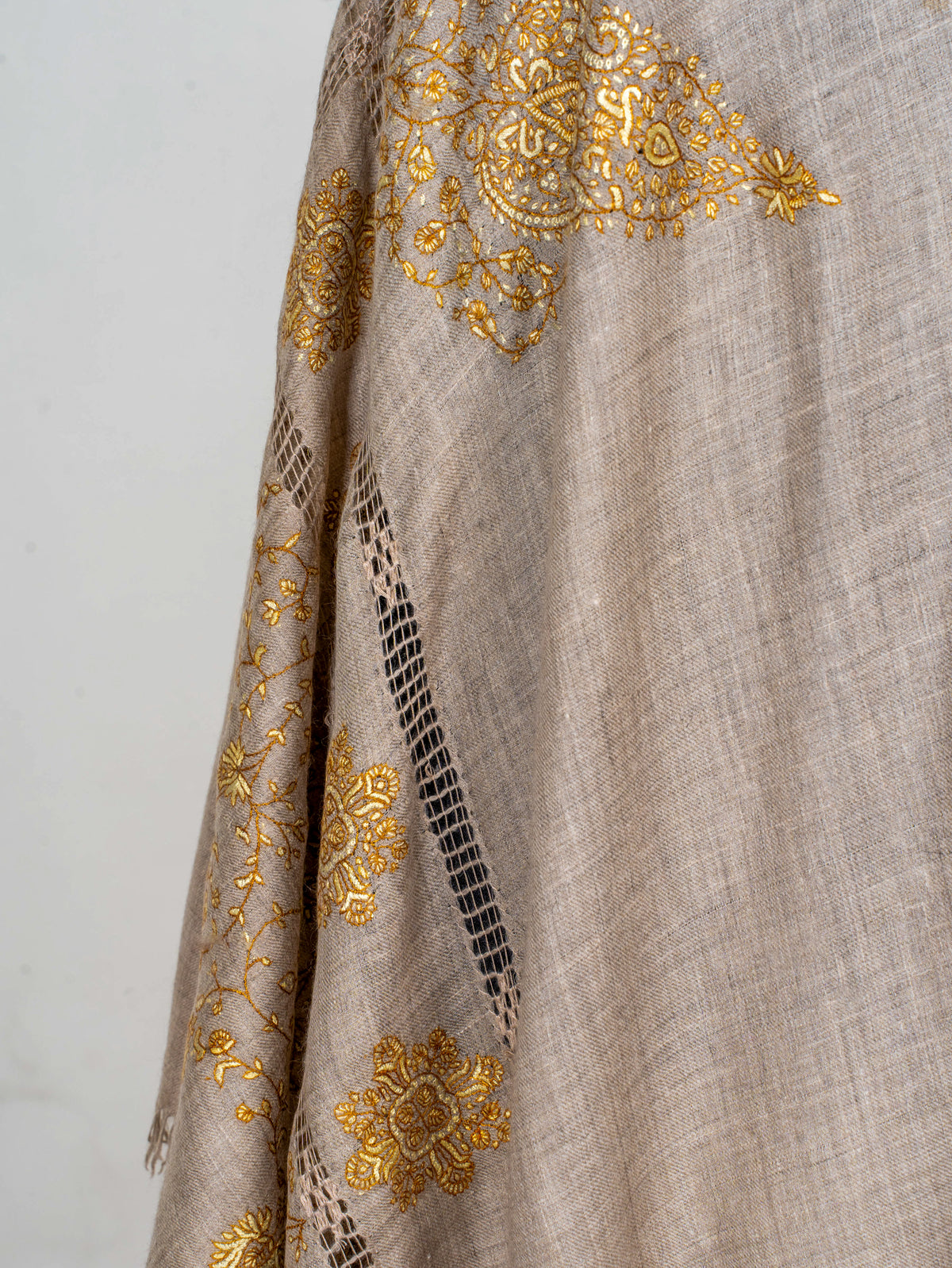 Golden Floral Frame Pure Pashmina Hand Embroidered Sozni Shawl