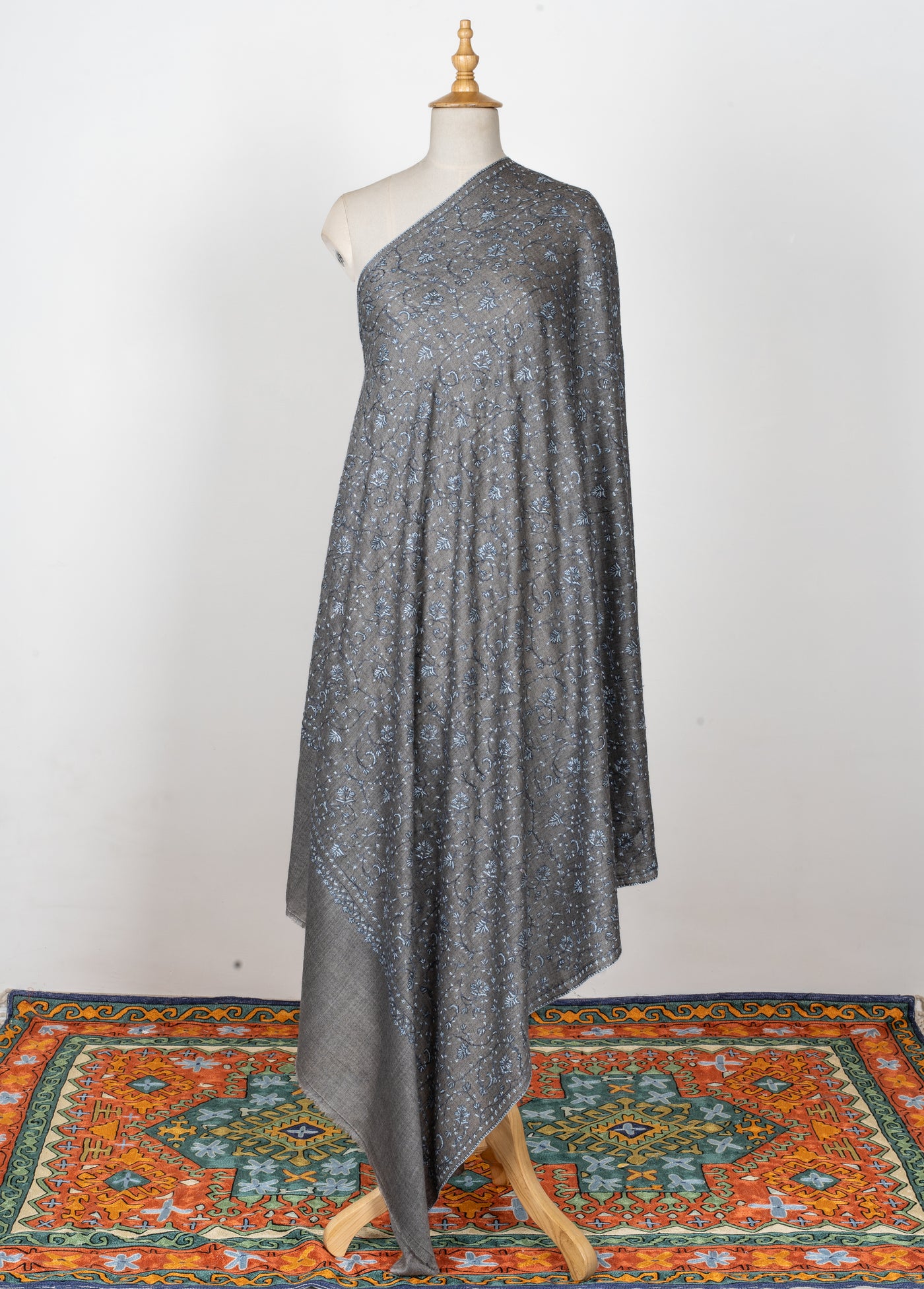 2.5 Yards | Saaye-e-Aasmaan — Sozni Hand-Embroidered Shawl in Slate Grey with Blue Vine Jaal