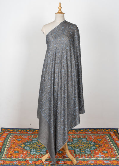 2.5 Yards | Saaye-e-Aasmaan — Sozni Hand-Embroidered Shawl in Slate Grey with Blue Vine Jaal