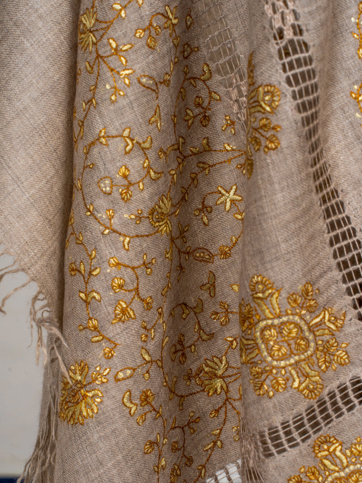 Golden Floral Frame Pure Pashmina Hand Embroidered Sozni Shawl