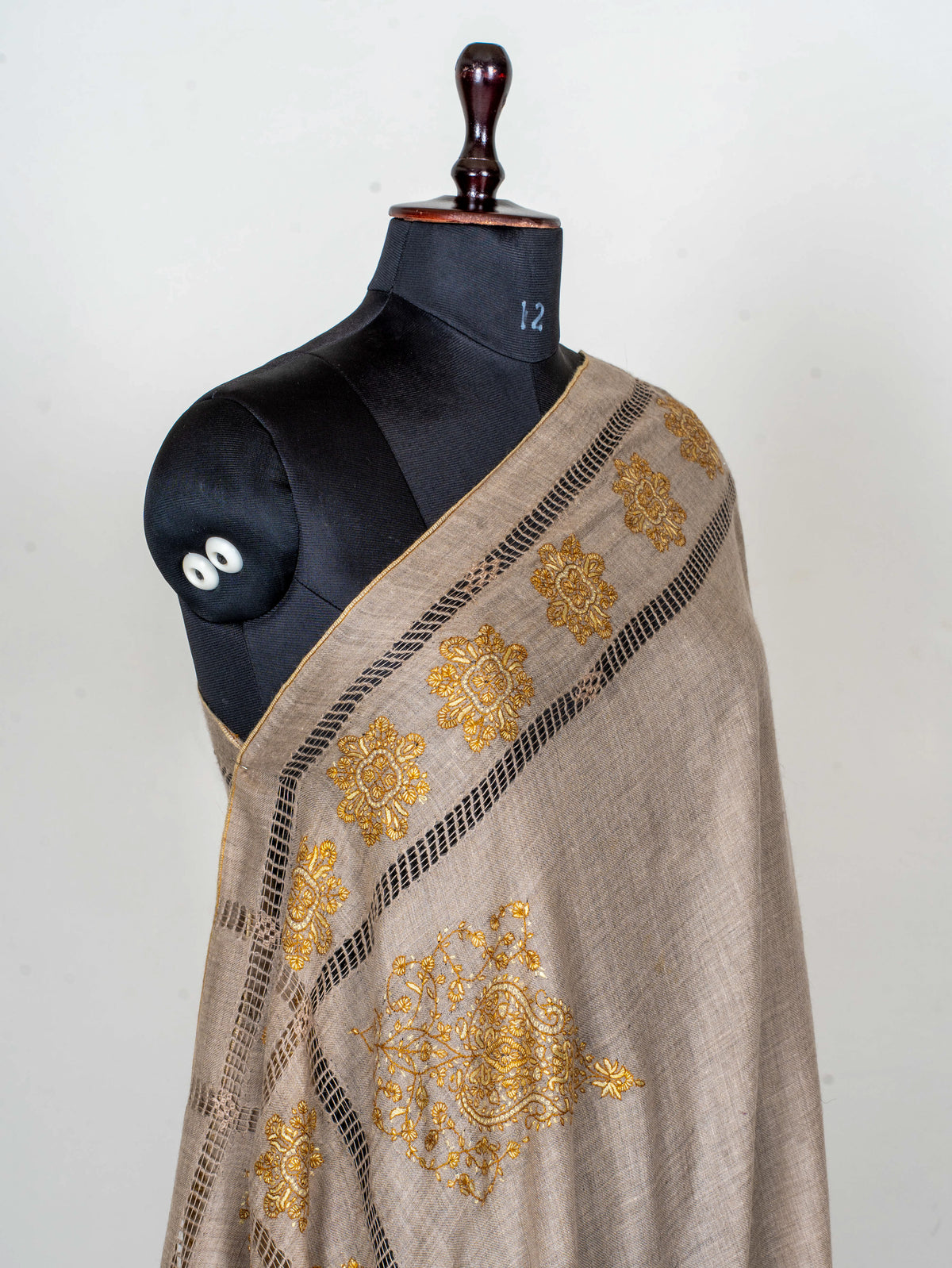 Golden Floral Frame Pure Pashmina Hand Embroidered Sozni Shawl