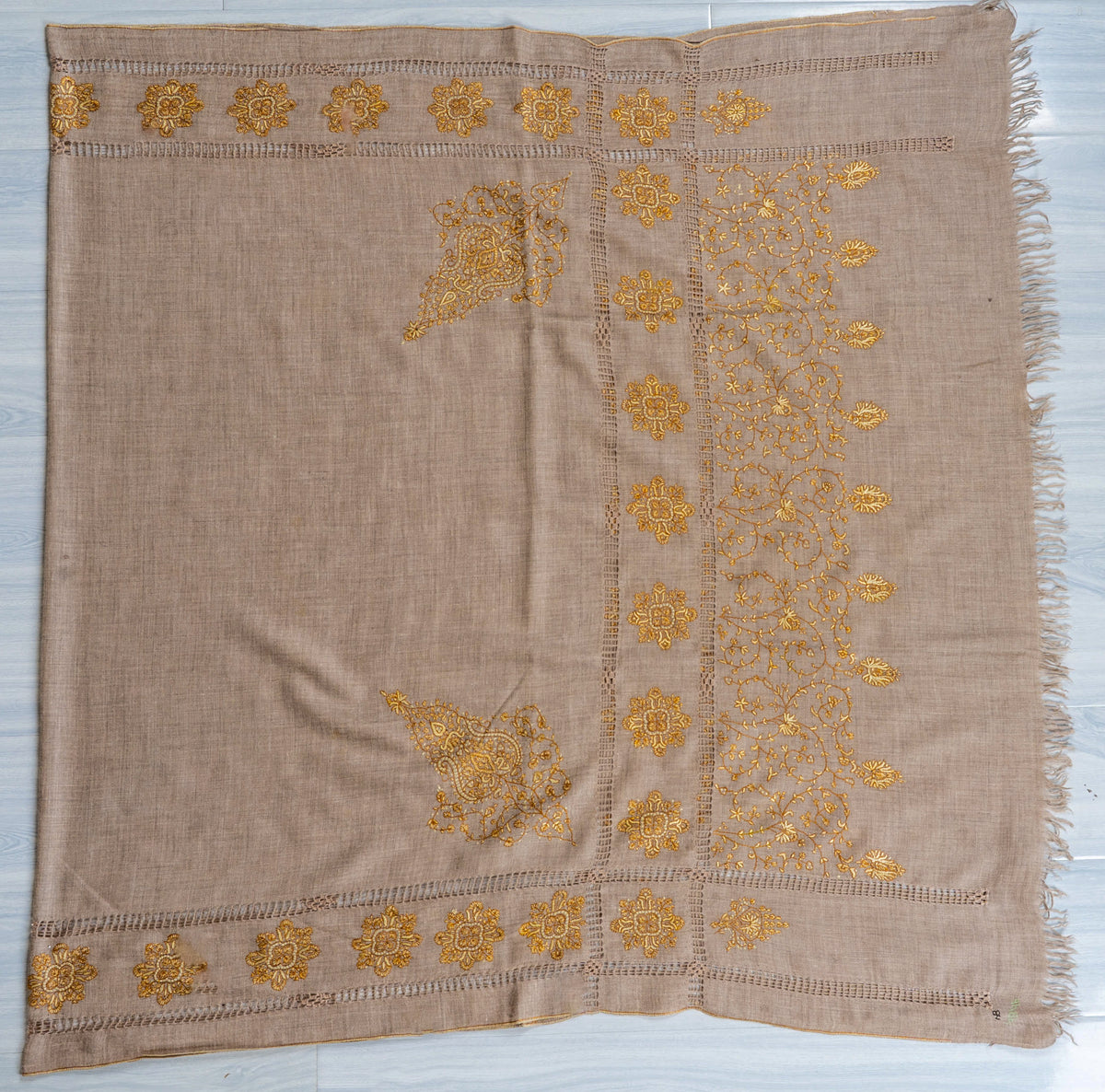Golden Floral Frame Pure Pashmina Hand Embroidered Sozni Shawl