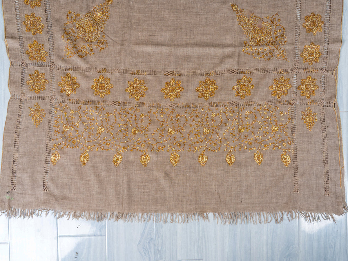 Golden Floral Frame Pure Pashmina Hand Embroidered Sozni Shawl
