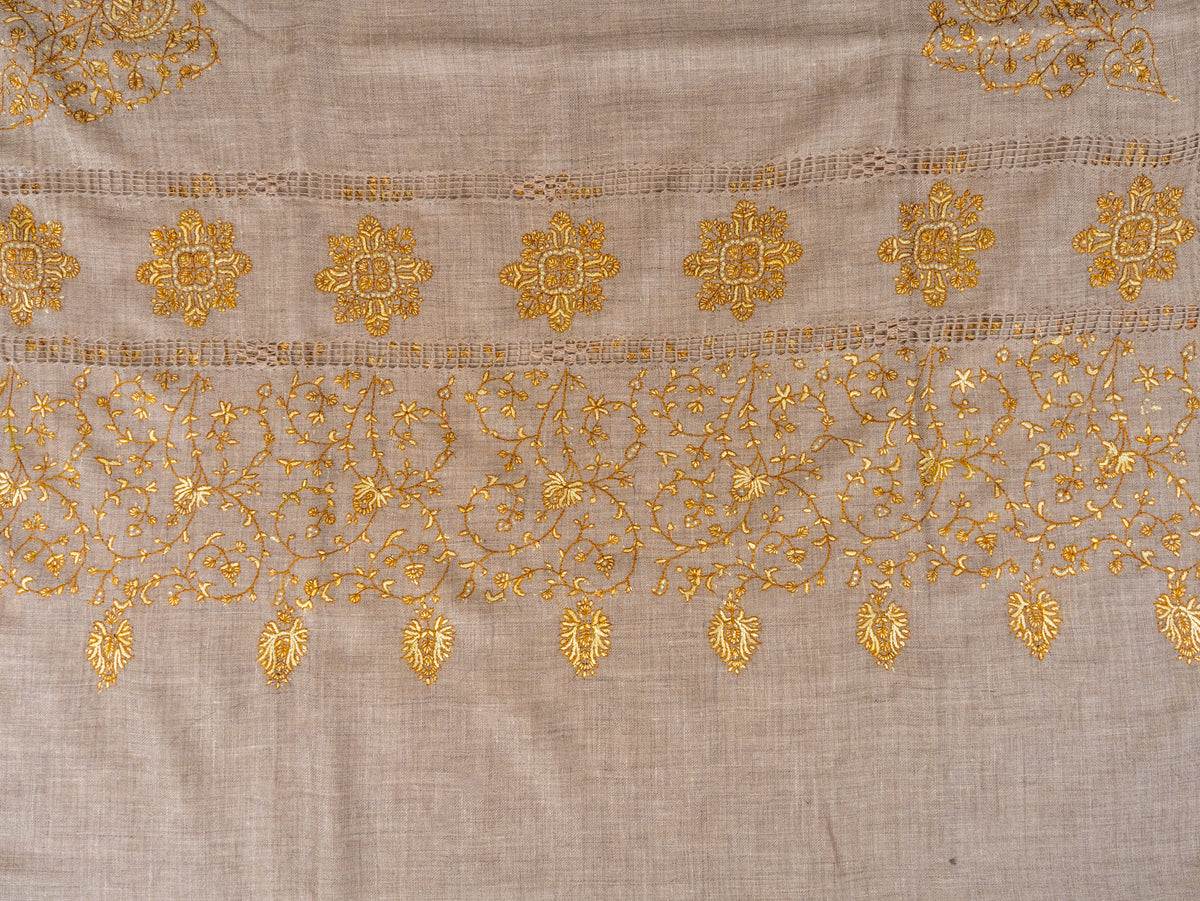 Golden Floral Frame Pure Pashmina Hand Embroidered Sozni Shawl