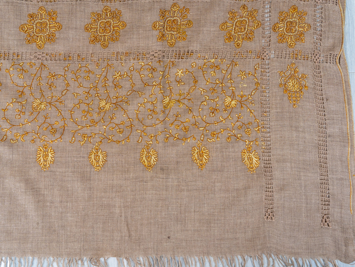 Golden Floral Frame Pure Pashmina Hand Embroidered Sozni Shawl