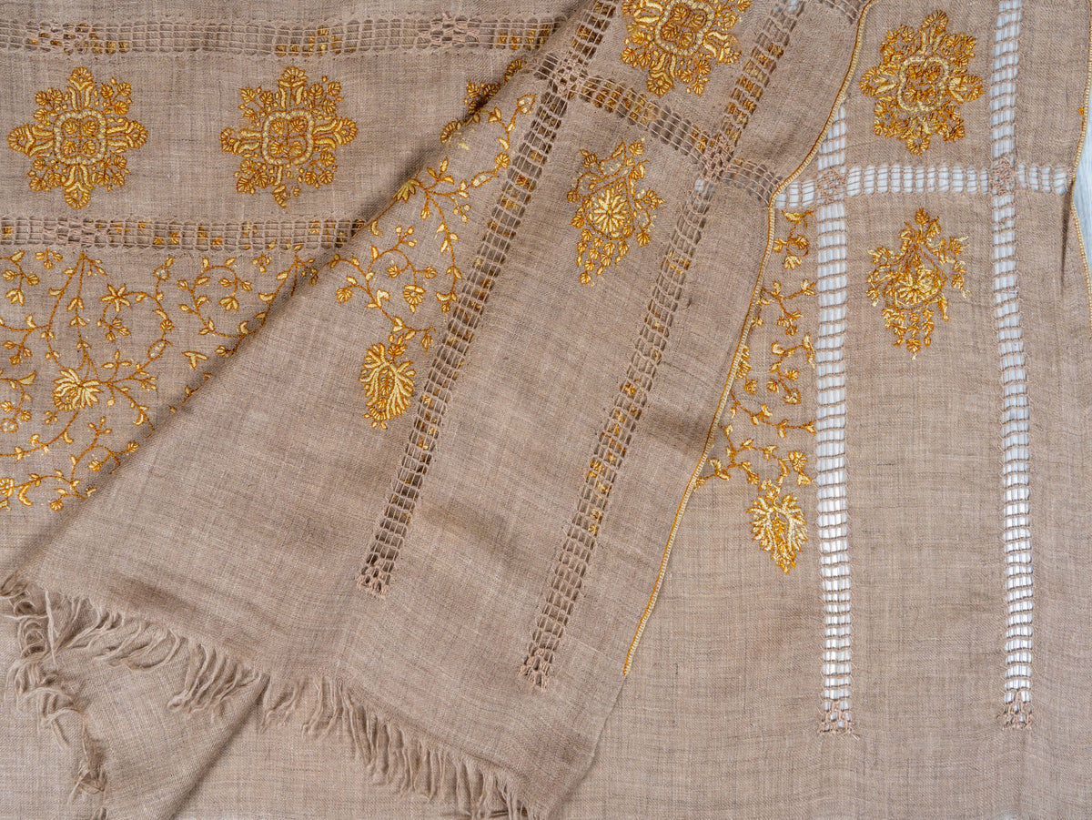 Golden Floral Frame Pure Pashmina Hand Embroidered Sozni Shawl
