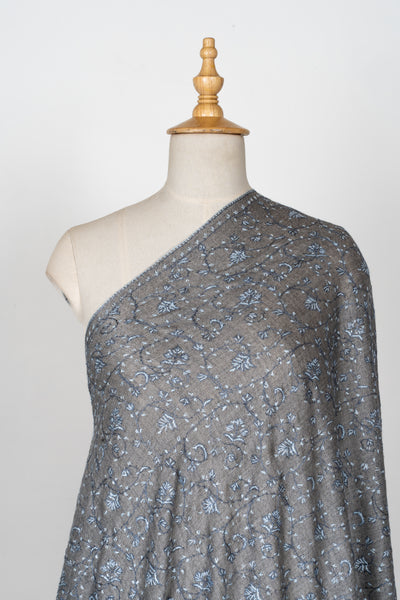 2.5 Yards | Saaye-e-Aasmaan — Sozni Hand-Embroidered Shawl in Slate Grey with Blue Vine Jaal