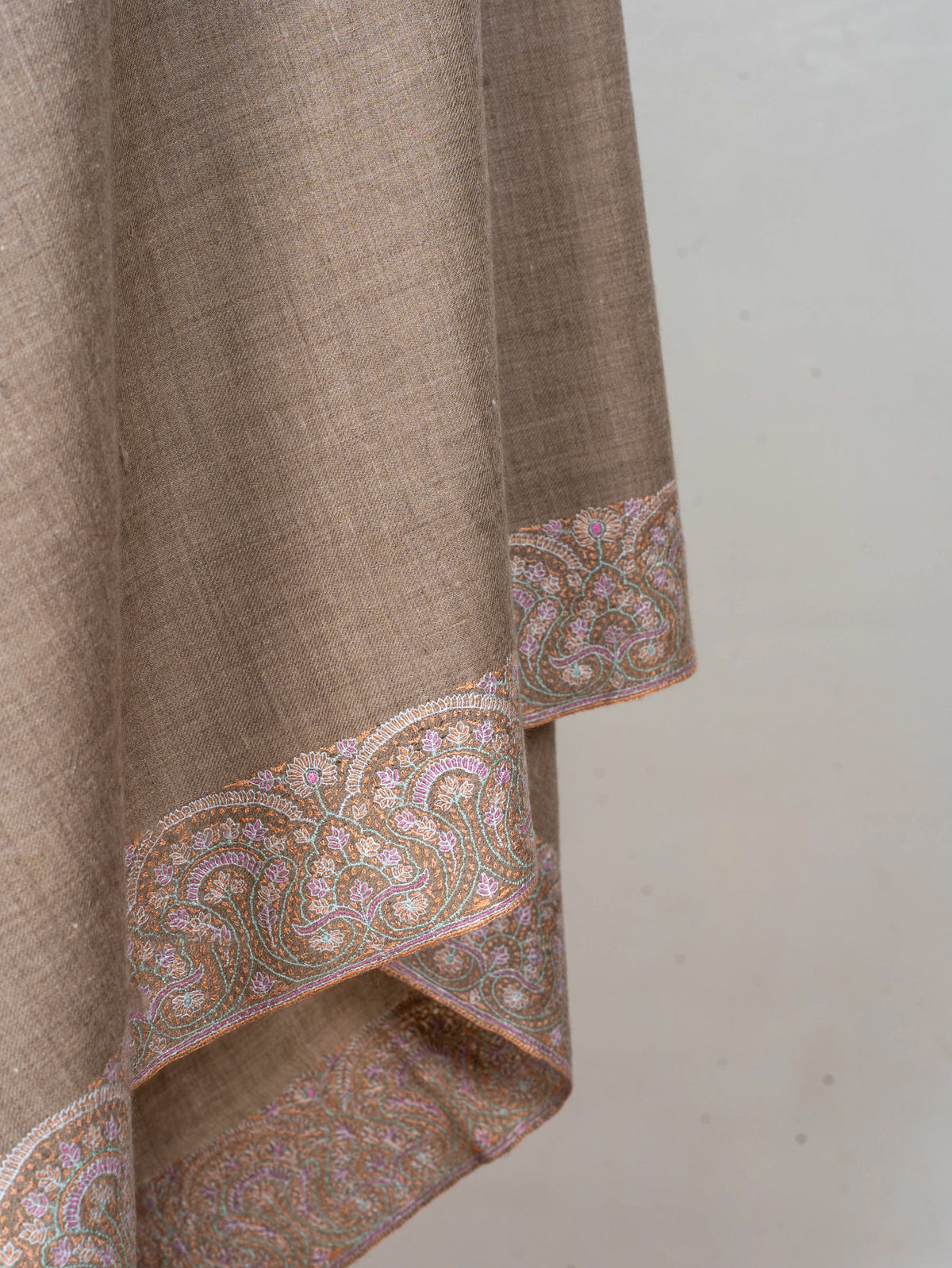 Soft Paisley Edge Pure Pashmina Sozni Hand Embroidered Shawl