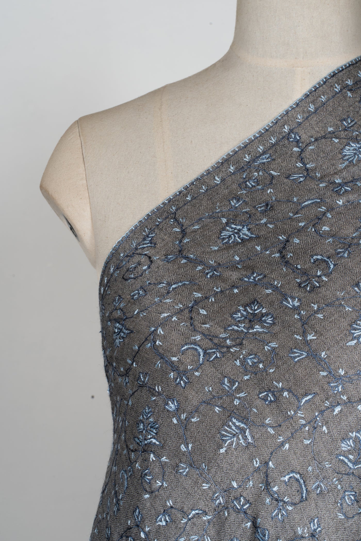 2.5 Yards | Saaye-e-Aasmaan — Sozni Hand-Embroidered Shawl in Slate Grey with Blue Vine Jaal