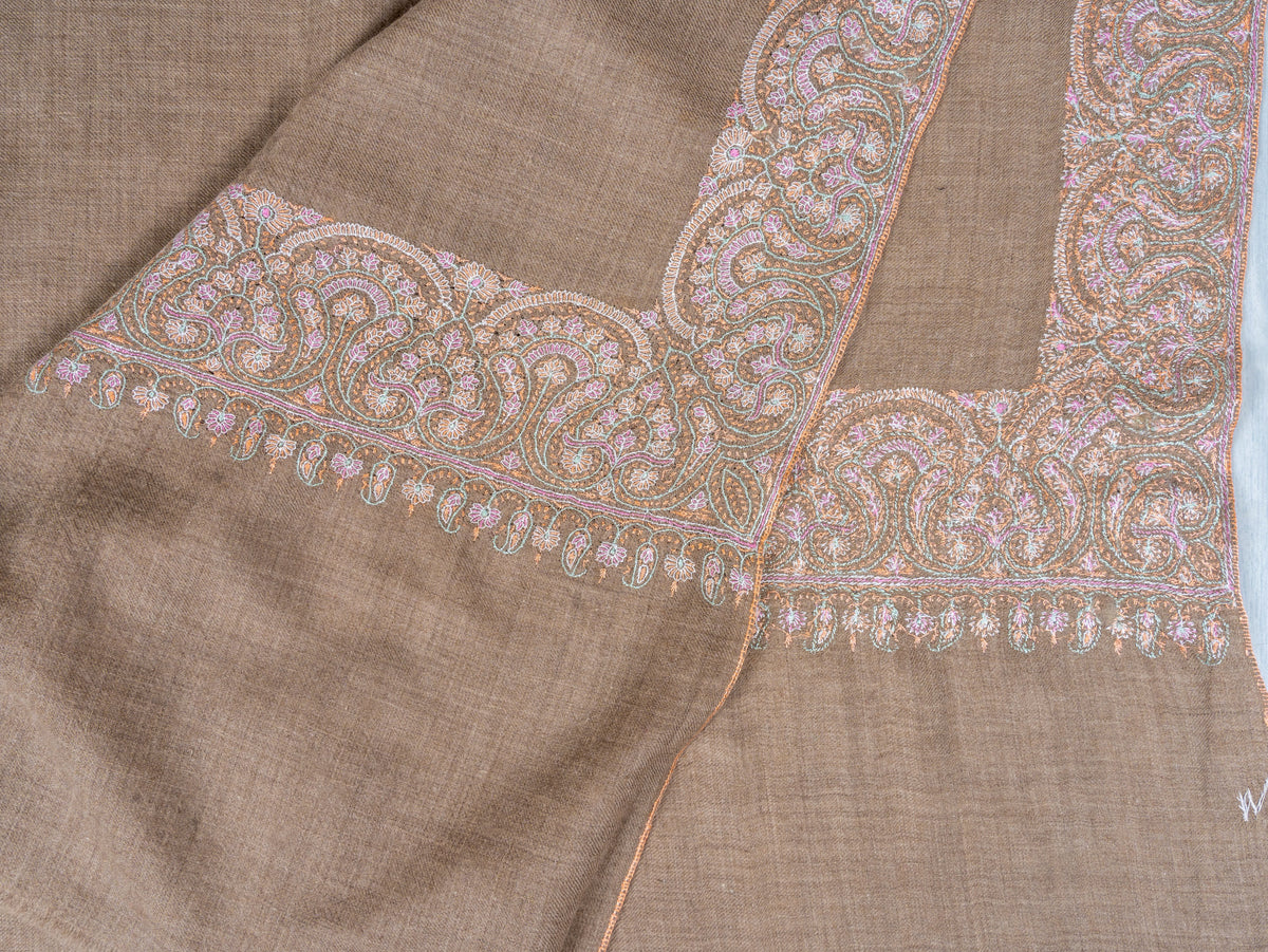 Soft Paisley Edge Pure Pashmina Sozni Hand Embroidered Shawl