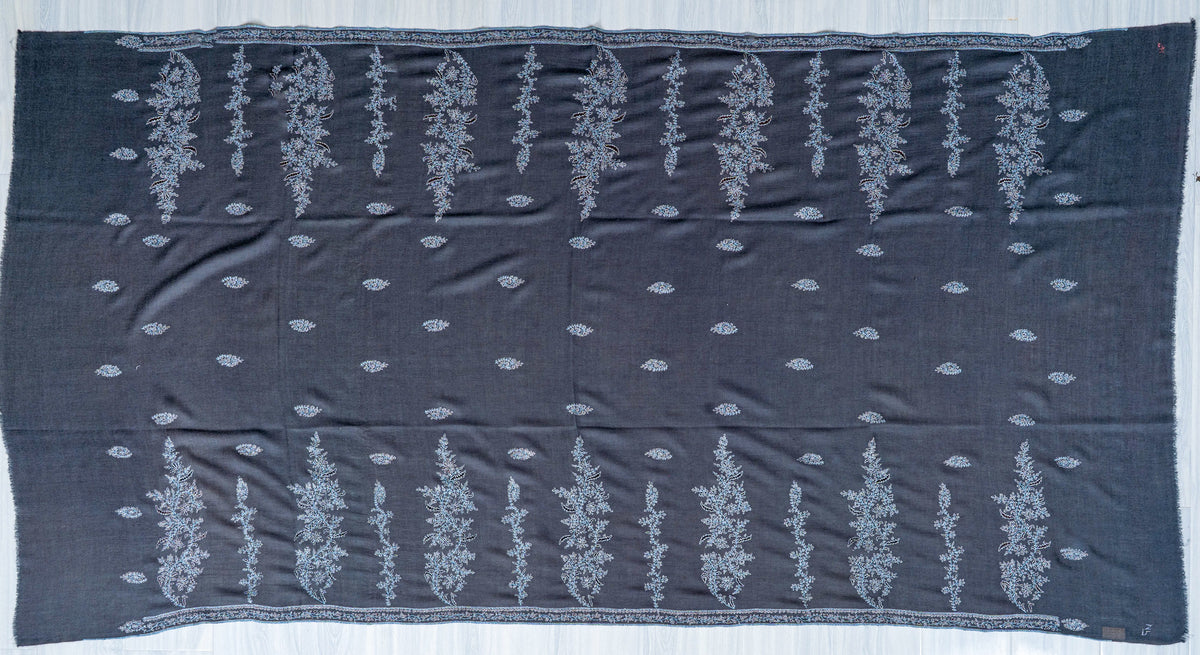 Blue Frost Pure Pashmina Hand Embroidered Sozni Shawl