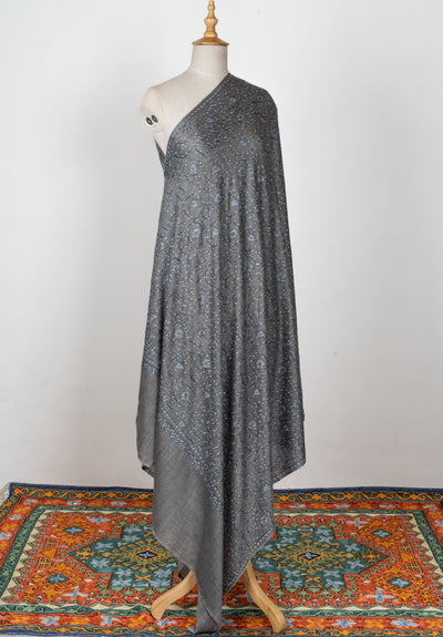 2.5 Yards | Saaye-e-Aasmaan — Sozni Hand-Embroidered Shawl in Slate Grey with Blue Vine Jaal