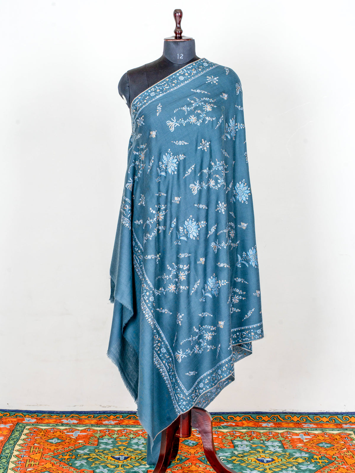 Teal Garden Pure Pashmina Sozni Hand Embroidered Shawl