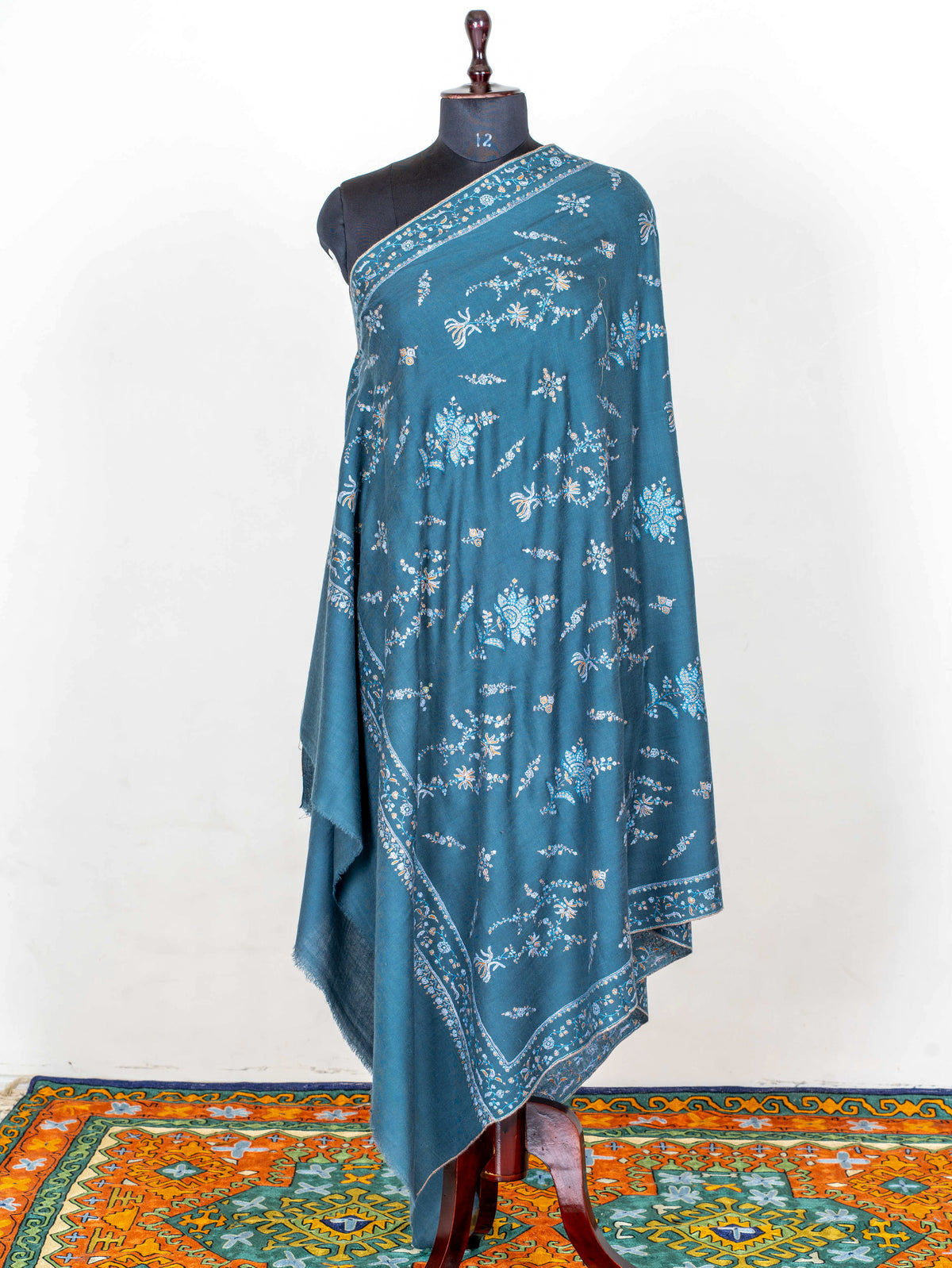 Teal Garden Pure Pashmina Sozni Hand Embroidered Shawl