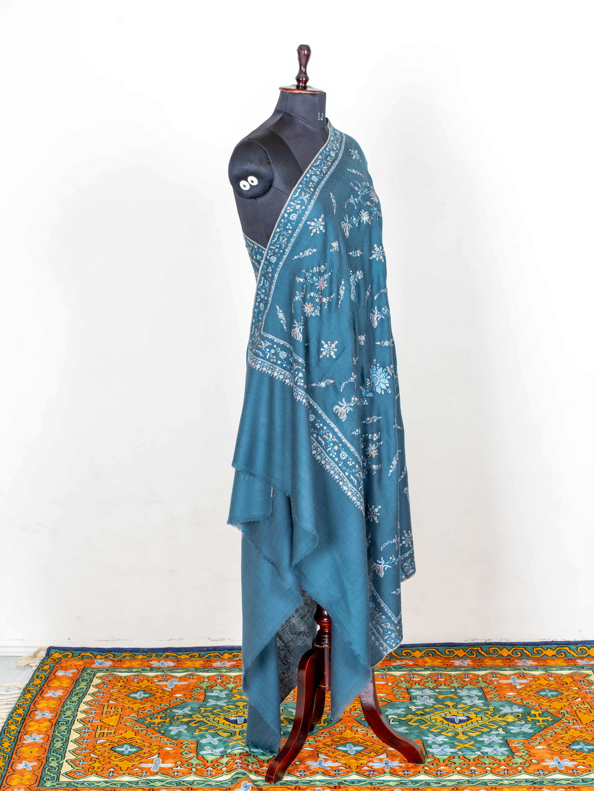 Teal Garden Pure Pashmina Sozni Hand Embroidered Shawl