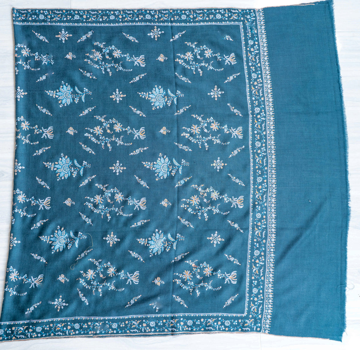 Teal Garden Pure Pashmina Sozni Hand Embroidered Shawl