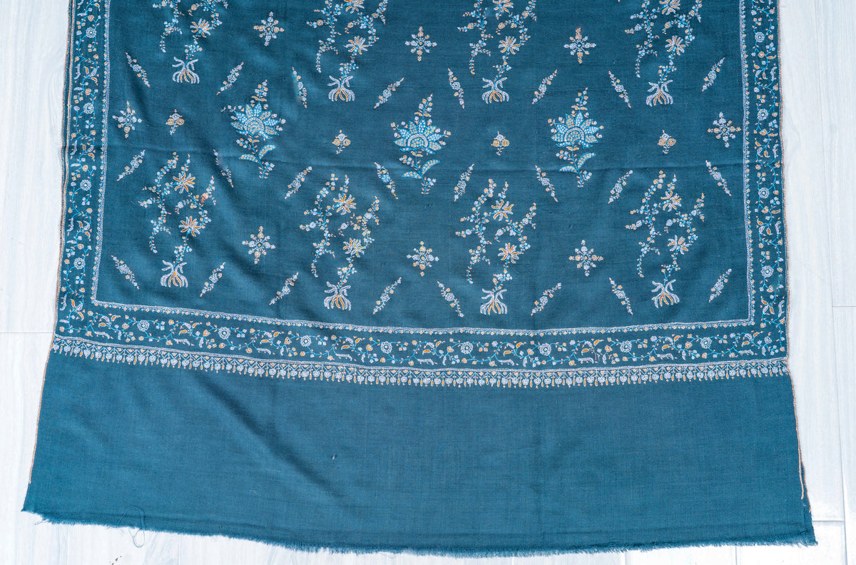 Teal Garden Pure Pashmina Sozni Hand Embroidered Shawl