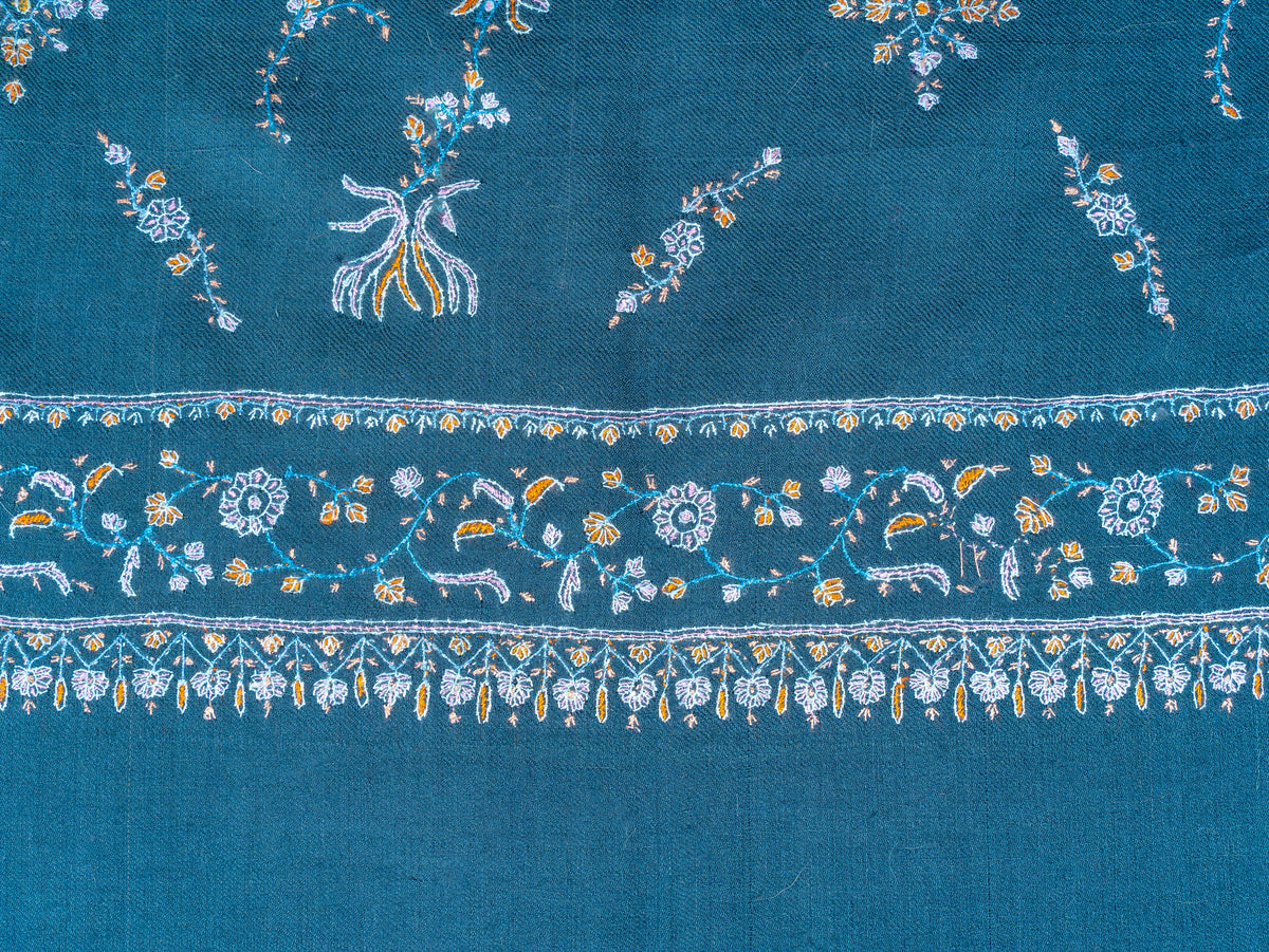 Teal Garden Pure Pashmina Sozni Hand Embroidered Shawl