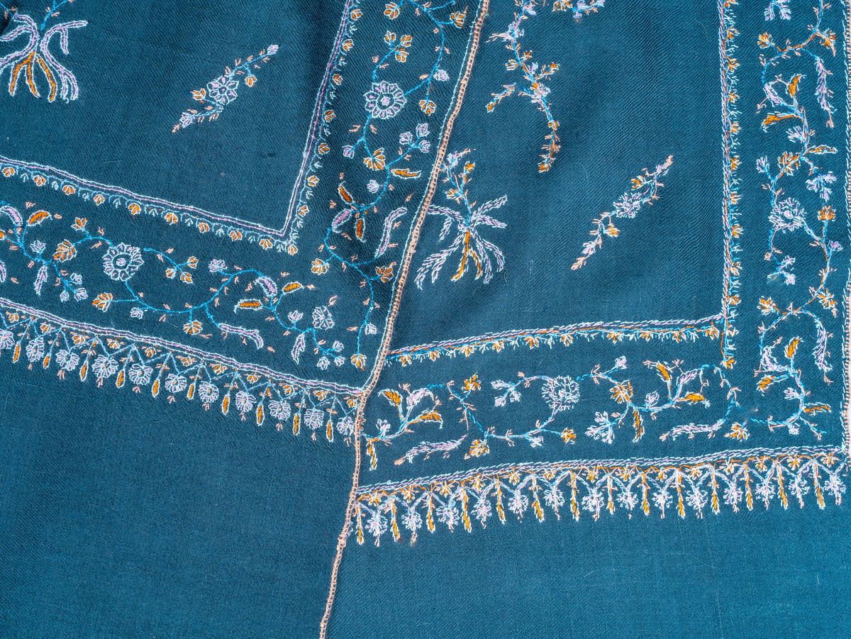 Teal Garden Pure Pashmina Sozni Hand Embroidered Shawl