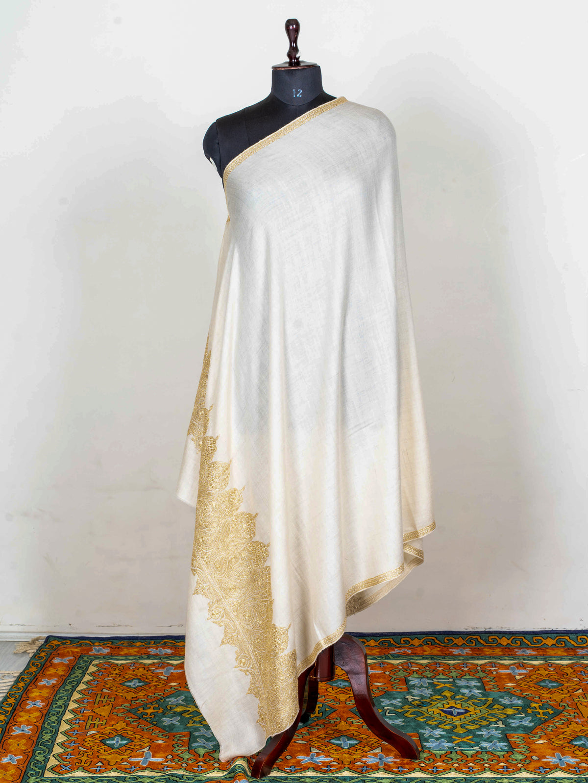 Ivory Gold Pure Pashmina Tilla Hand Embroidered Shawl
