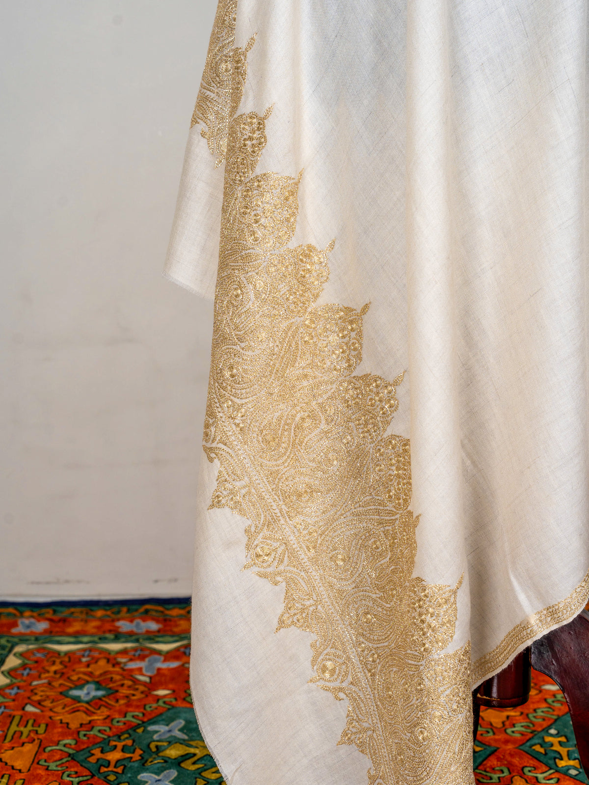 Ivory Gold Pure Pashmina Tilla Hand Embroidered Shawl