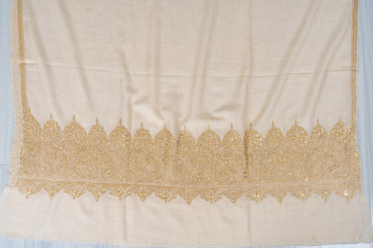 Ivory Gold Pure Pashmina Tilla Hand Embroidered Shawl