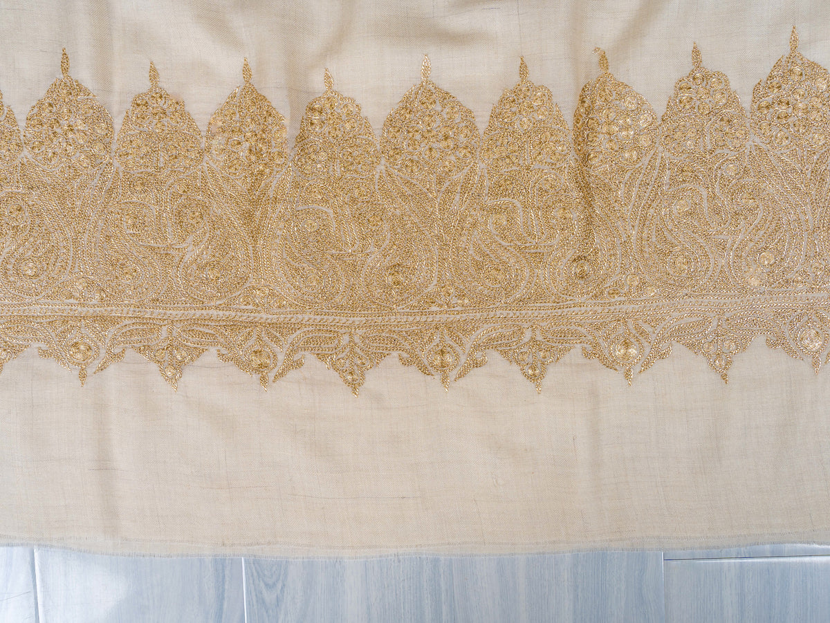 Ivory Gold Pure Pashmina Tilla Hand Embroidered Shawl