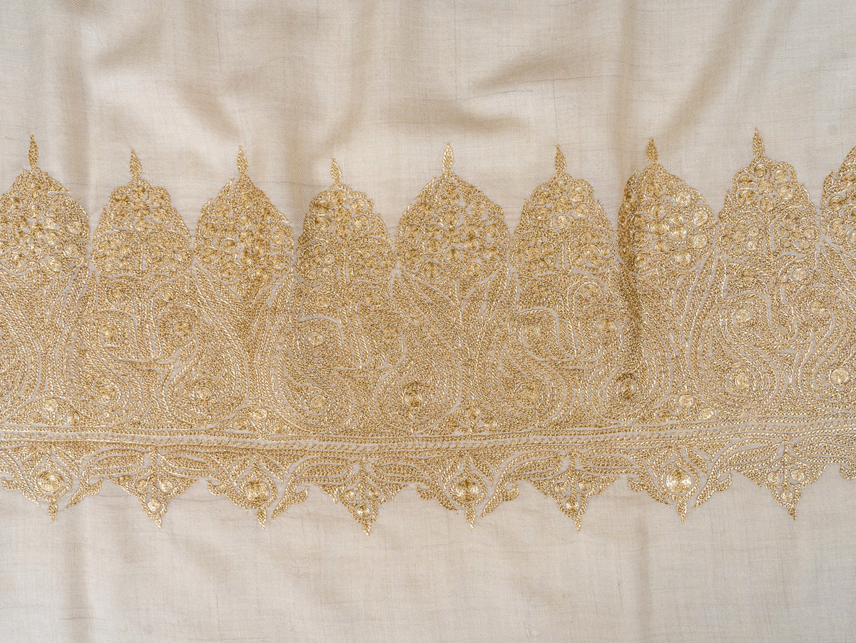Ivory Gold Pure Pashmina Tilla Hand Embroidered Shawl