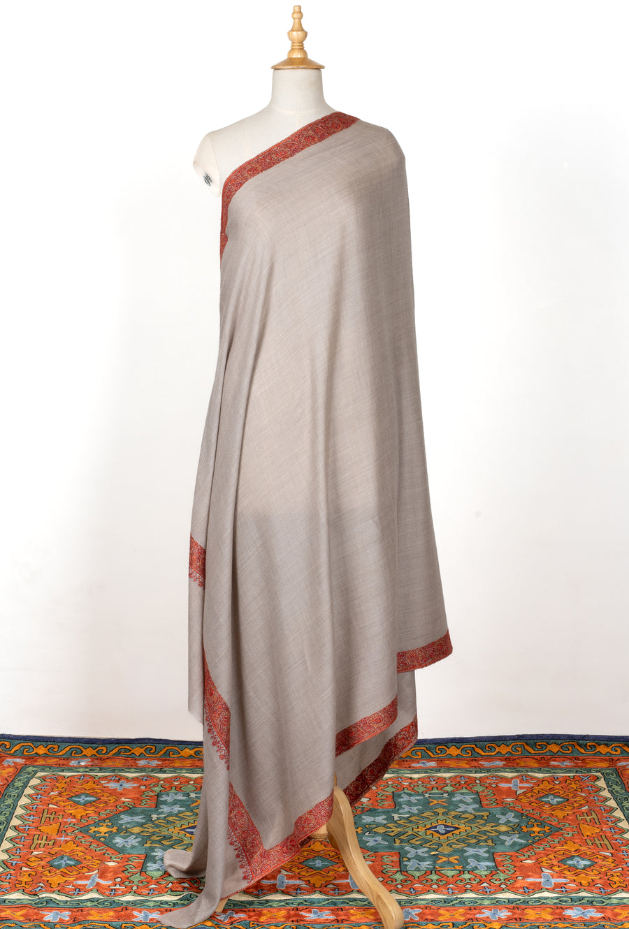2.5 Yards | Gul-e-Atash — Sozni Hand-Embroidered Shawl in Beige with Fiery Red Borders