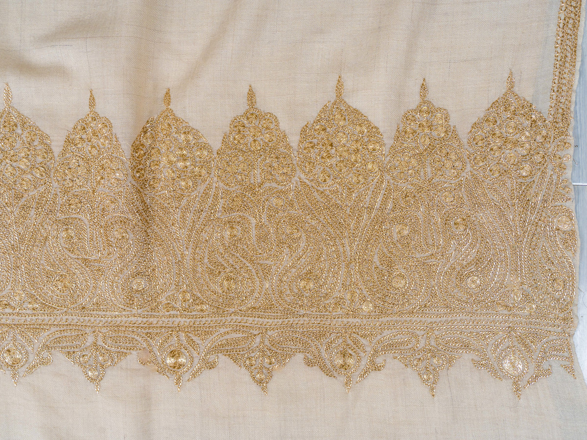 Ivory Gold Pure Pashmina Tilla Hand Embroidered Shawl