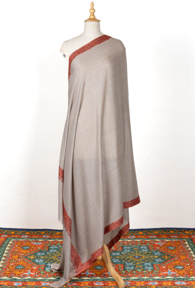2.5 Yards | Gul-e-Atash — Sozni Hand-Embroidered Shawl in Beige with Fiery Red Borders