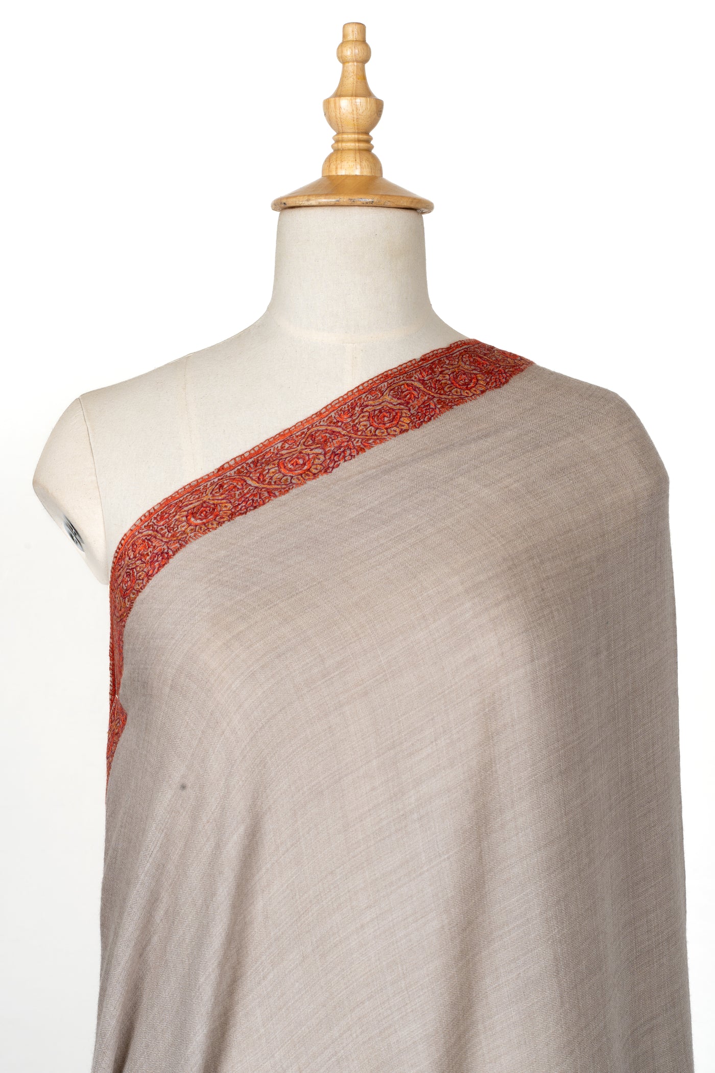 2.5 Yards | Gul-e-Atash — Sozni Hand-Embroidered Shawl in Beige with Fiery Red Borders