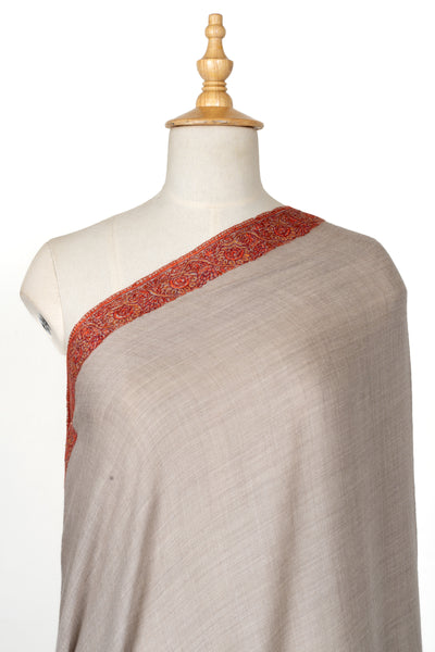 2.5 Yards | Gul-e-Atash — Sozni Hand-Embroidered Shawl in Beige with Fiery Red Borders